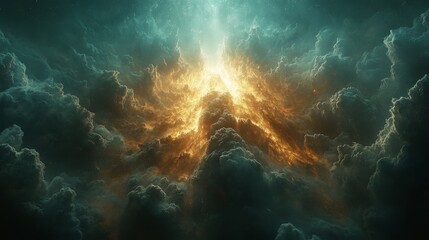 Dramatic, glowing cloud formation with golden, fiery light emanating from the center, surrounded by dark, swirling clouds