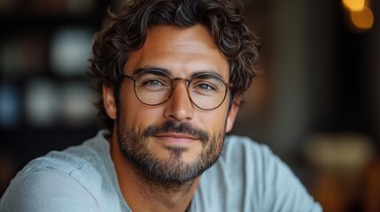 Fototapeta premium Man with glasses and a beard is smiling warmly, wearing a gray shirt, in a softly lit room