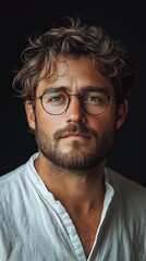 Man with glasses and a beard, wearing a white shirt, against a dark background