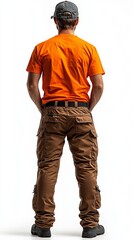 Person wearing a gray cap, orange t-shirt, and brown cargo pants is standing, facing away against a white background