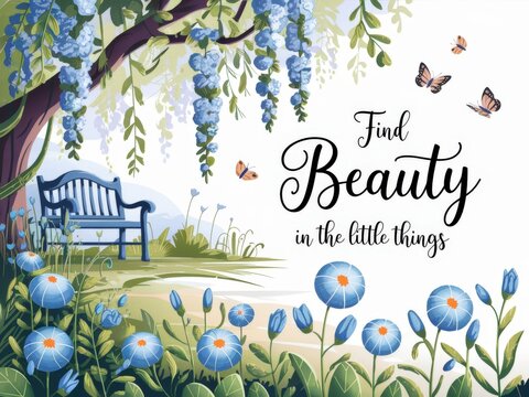 Tranquil Garden Scene with Blooming Flowers and Inspirational Quote