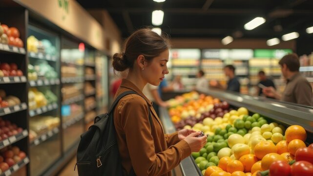 A young woman in a brown jacket is picking out some oranges from the produce aisle in a grocery store with warm yellow lighting.