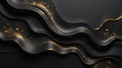 A black and gold abstract background with a wavy pattern and shiny, metallic accents.
