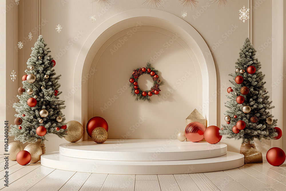 Wall mural a white stage with two red trees and a wreath in the middle