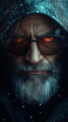 Mysterious bearded man wearing a hood and reflective sunglasses, with intense glowing light reflecting, creating a dramatic effect