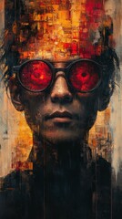 Digital painting depicts a person with dark sunglasses and intense fiery background, creating a dramatic, abstract vibe
