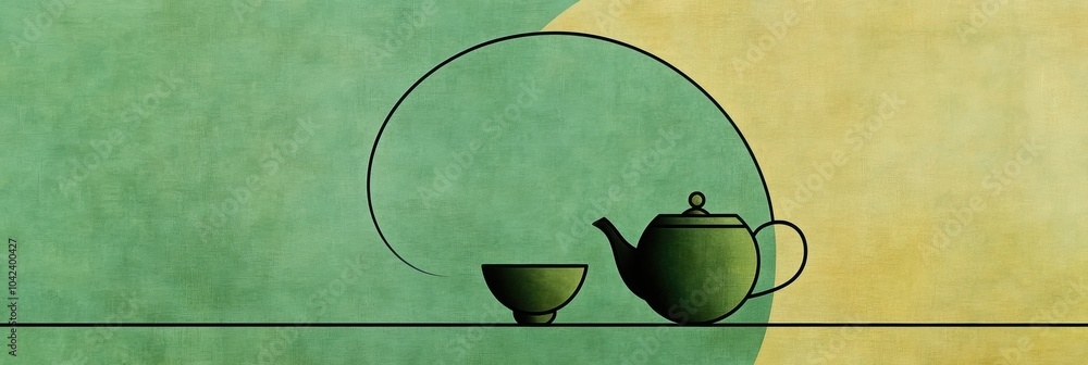 Poster a simple line drawing depicts a teapot and a cup against a harmonious green-toned background, emphas