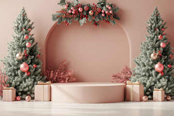 A Christmas tree display with a pink arch and pink flowers