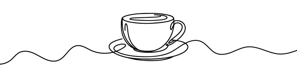 Continuous line drawing representing a cup of coffee on saucer