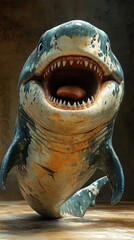 Cute, cartoon-style shark with a wide, toothy smile, standing upright on a textured background