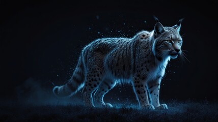 Fototapeta premium A majestic lynx with glowing fur stands in a dark forest, surrounded by shimmering dust.