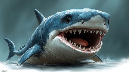 Naklejka premium Large, cartoonish shark with sharp teeth emerging from the water, appearing both fierce and playful