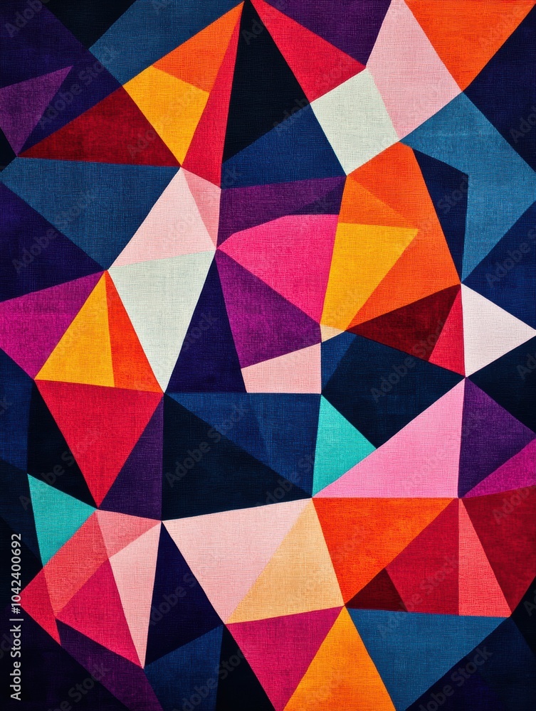 Poster vibrant triangular patterns intertwine in a geometric abstraction, showcasing a captivating play of 