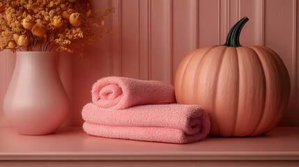 Pink Pumpkin and Towels on a Shelf with Dried Flowers