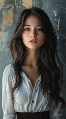 Fototapeta premium Woman with long dark hair, wearing a white blouse, standing against an aged, textured wall