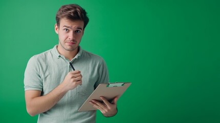 A thoughtful individual jotting down notes on a clipboard with a serene green backdrop.