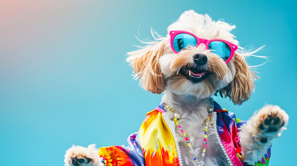 Adorable and energetic pet dog or puppy wearing sunglasses and a colorful stylish outfit while dancing or jumping with a vibrant studio like background