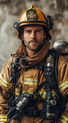 Obraz premium Firefighter in full gear, including a helmet and oxygen tank, confidently poses against a blurred, neutral background