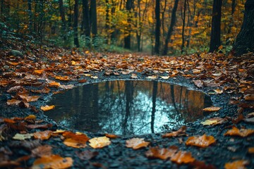 A Small Puddle Reflects the Trees in a Fall Forest