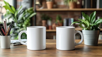 Fototapeta premium Two white mugs on a wooden table. Perfect for showcasing designs or logos, or promoting coffee or tea brands.