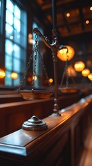 Close-up of a decorative balance scale inside a dimly lit courtroom with wooden benches and glowing lights