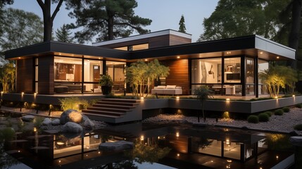 Fototapeta premium This luxury villa embodies modern minimalism with its cubic shape and natural wood cladding, enhanced by elegant landscaping.