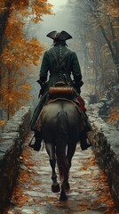 Fototapeta premium Person in historical clothing rides a horse on a stone path surrounded by autumn trees in a misty forest