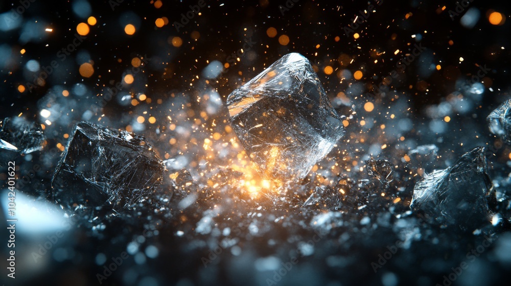 Poster ice cubes explode into shards, creating a captivating display of texture and light as they scatter i
