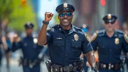 Group of smiling police officers in uniform are marching confidently down the street, with one officer prominently raising his fist