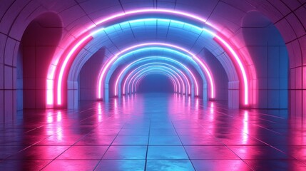 Sleek mirrored surfaces reflecting symmetrical arches, glowing with soft neon lights, creating a futuristic hall of infinite reflections