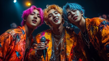 Fototapeta premium Shows three people with vibrant hair colors—pink, orange, and blue—wearing colorful jackets and holding a microphone