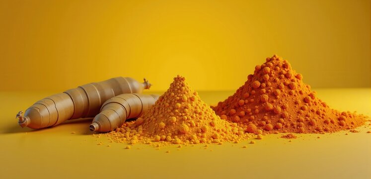 Vibrant turmeric powder and roots against a bright yellow background, perfect for promoting health, spices, and natural products in culinary and wellness industries.