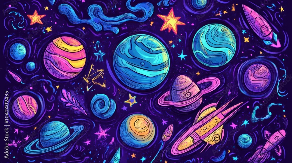 Poster a collection of colorful cosmic doodles showcasing various planets, stars, rockets, and asteroids in