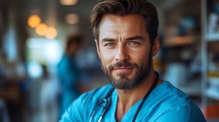 Fototapeta premium Bearded man in a blue medical uniform with a stethoscope, in a hospital or clinic setting