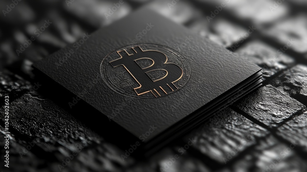 Fototapete black card with a gold bitcoin symbol embossed on it, placed on a textured surface