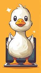 Obraz premium Cute cartoon duck stands happily in front of a laptop, radiating joy against a bright orange background with sparkles