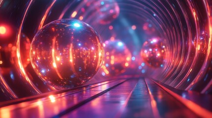 Obraz premium Surreal, glowing spheres suspended in an endless tunnel of shimmering surfaces, reflecting vibrant lights, fading into a radiant void