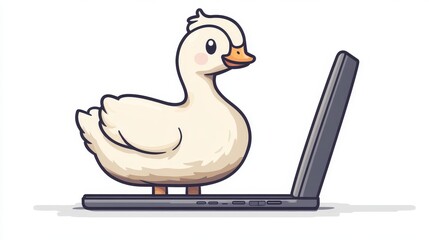 Cartoon duck stands cheerfully on a closed laptop, appearing curious and playful, with a simple white background