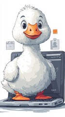 Cartoon duck stands on a laptop, surrounded by floating icons, wearing an adorable expression and bright orange feet