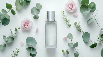 A glass bottle of perfume with a silver lid surrounded by pink roses and eucalyptus leaves on a white background.