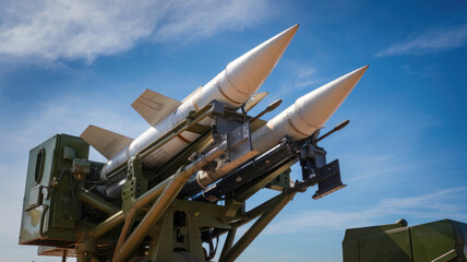 Two rockets are on top of a green and black military vehicle. The sky is clear and blue