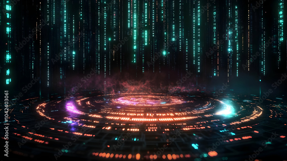 Poster futuristic digital landscape with glowing data streams and patterns.