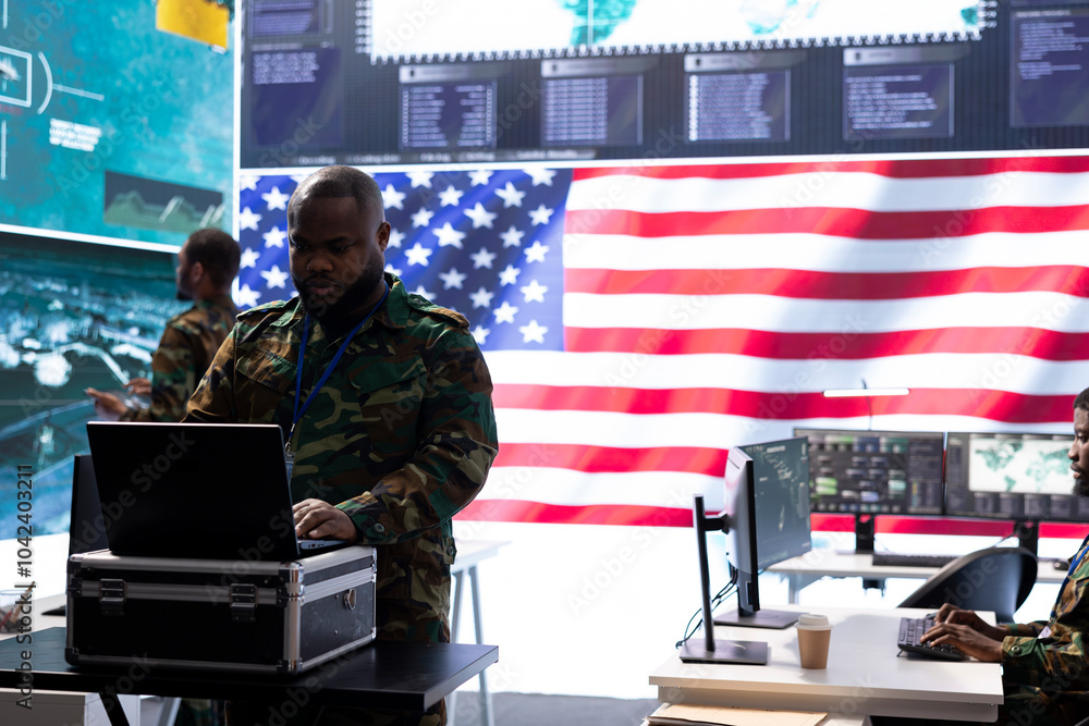 Poster military professionals in a command center monitor global cybersecurity operations, managing surveil