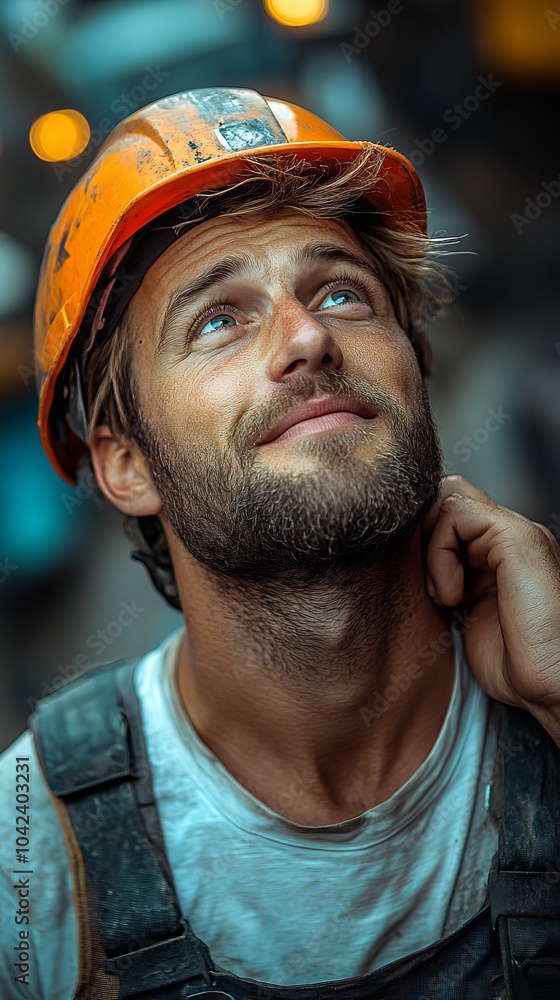 Poster man wearing a hard hat and overalls looks upward, smiling with a thoughtful expression, in a work se
