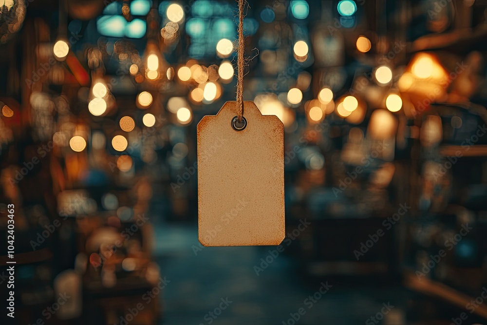 Poster blank tag hangs in front of lights. it's perfect for adding your own text or design.
