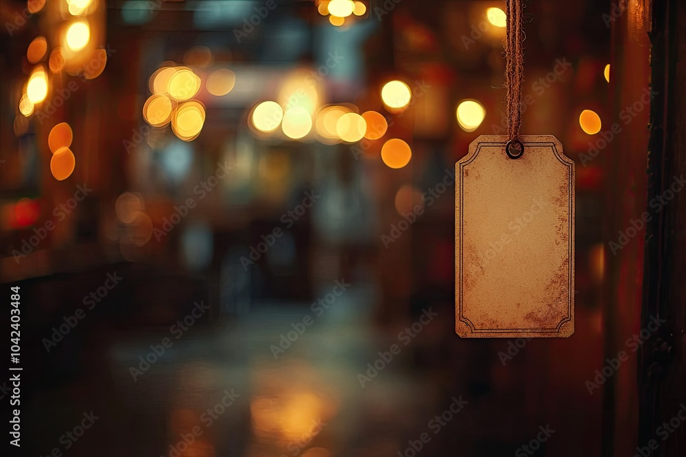 Poster blank tag with string in a vintage store. this image is perfect for adding your own text or logo for