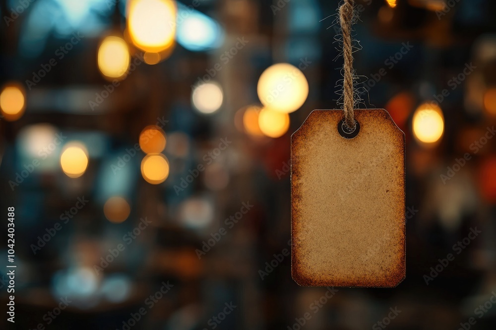 Poster blank tag with string hanging in front of a blurred lights background. this image is perfect for add