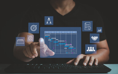 Project management concept. Manager working and update tasks with milestones progress planning...