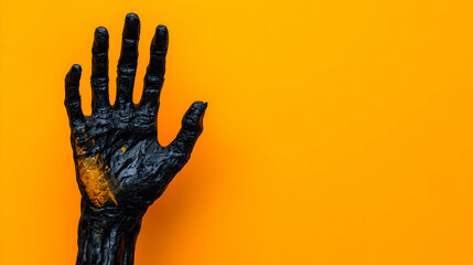 Black Hand Reaching Out with Yellow Paint on Orange Background