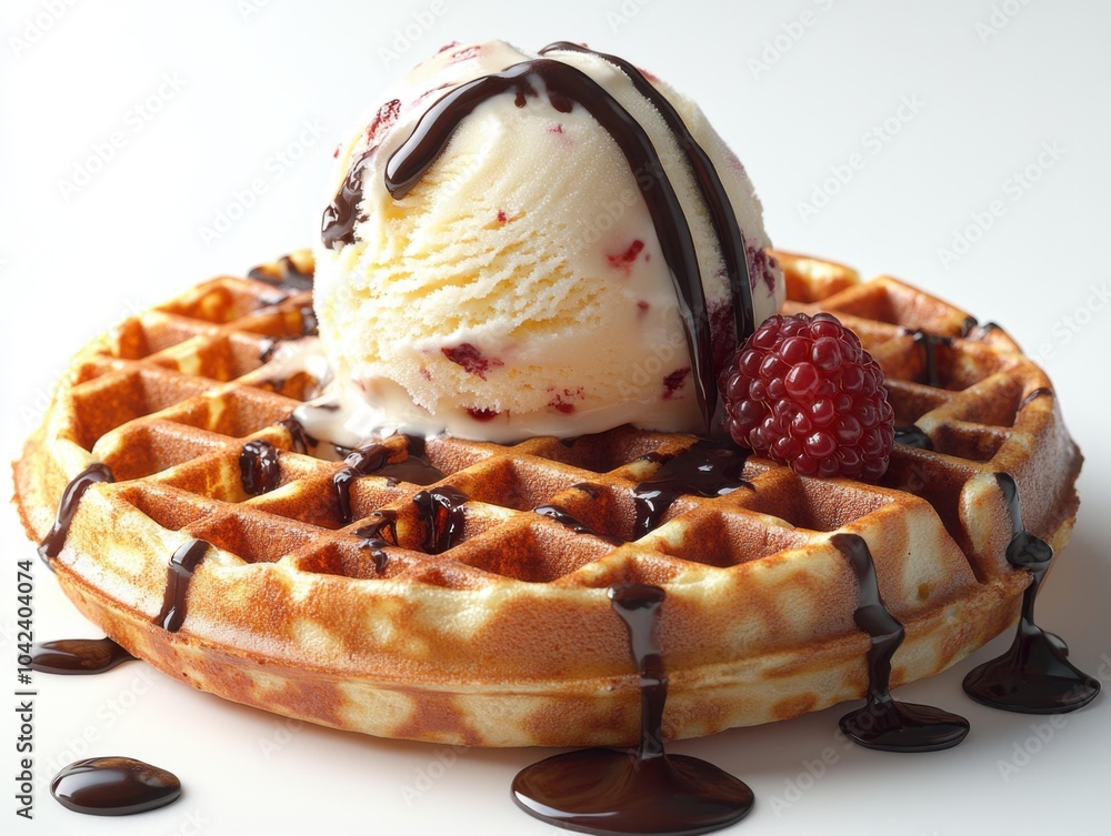 Poster decadent waffle with ice cream and chocolate drizzle garnished with fresh raspberry